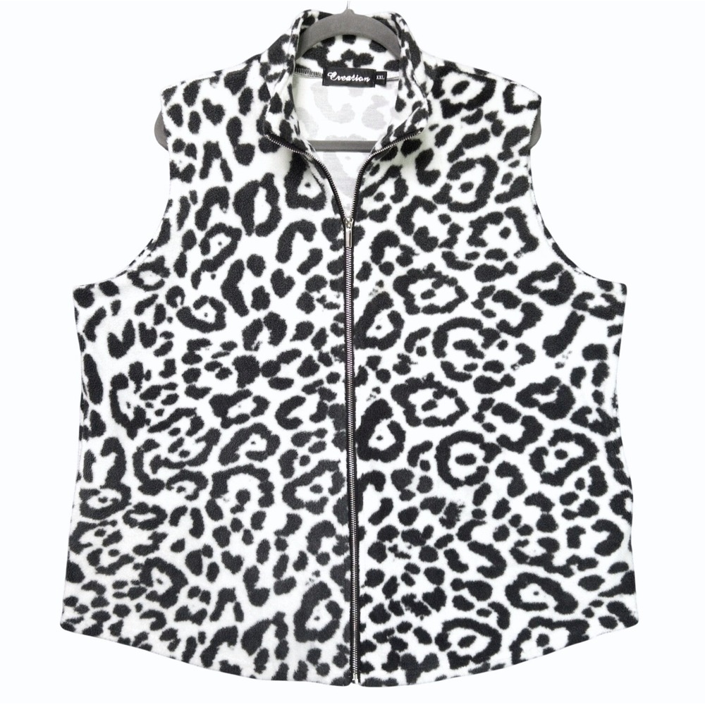 Creation Deep Pile Fleece Vest Womens XXL Mock Neck Full Zip Pockets Cheetah EUC